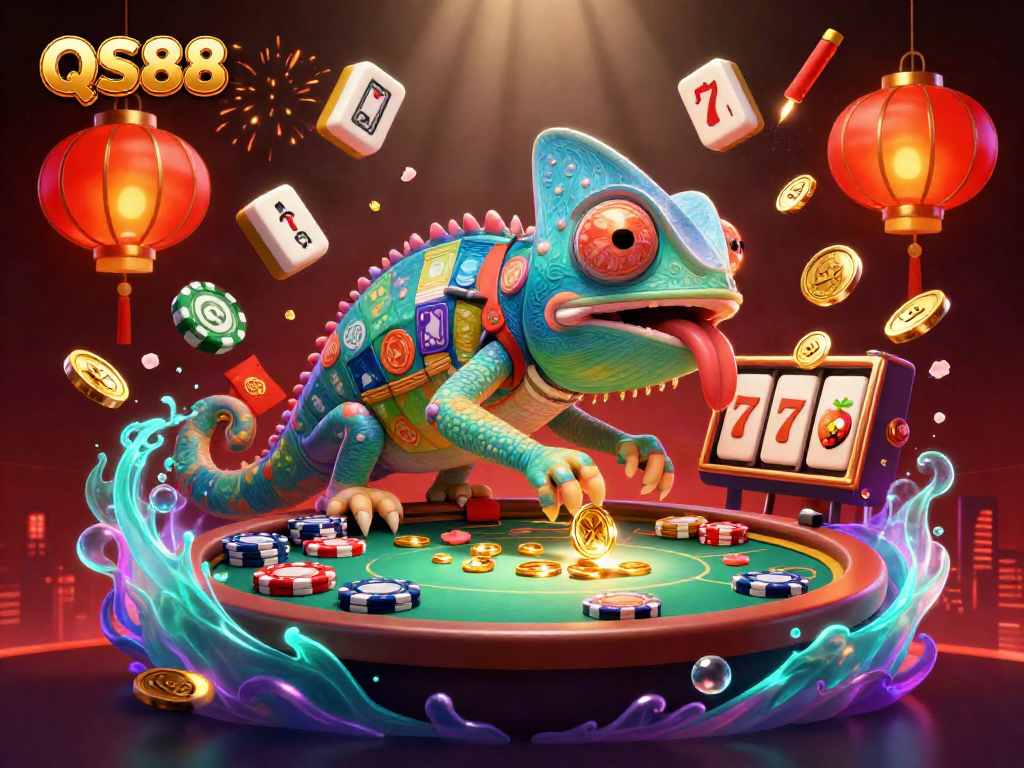 Experience vibrant gaming at QS88 with a chameleon casino owner amidst rich casino elements.