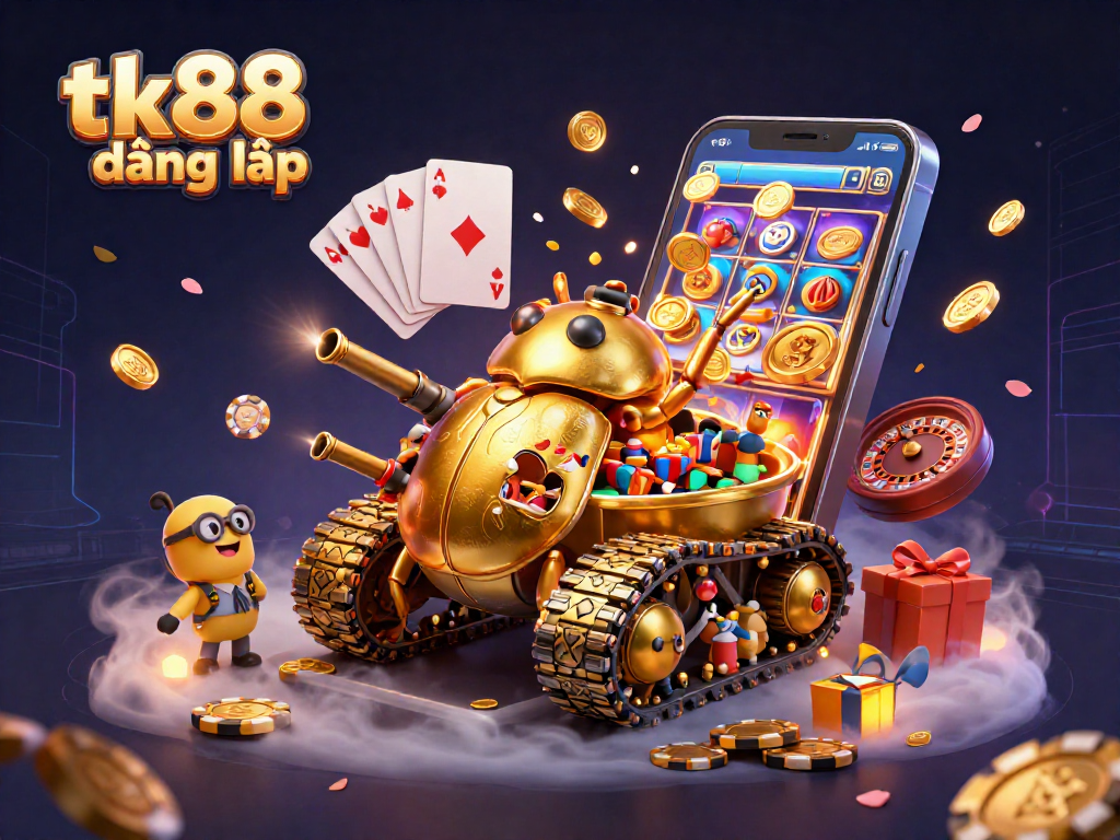 Experience tk88 đăng nhập as colorful coins erupt from a casino-themed beetle tank brimming with games.