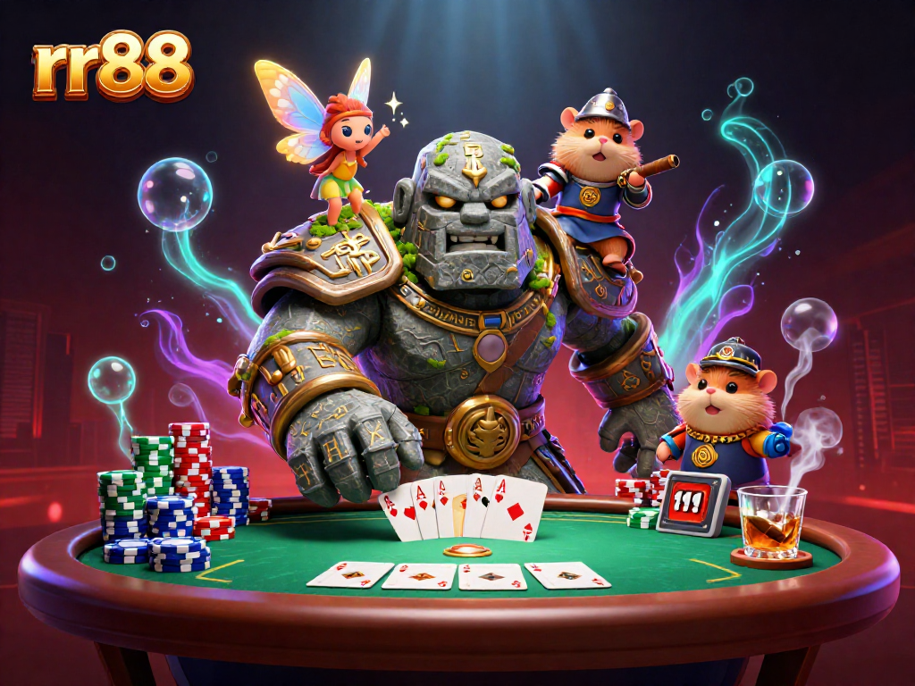 Experience thrilling poker adventures with rr88 in a vibrant 3D casino scene featuring magical characters.