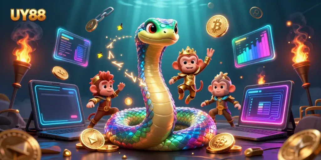 Engage with UY88 in a vibrant 3D casino scene featuring colorful characters and dynamic game elements.