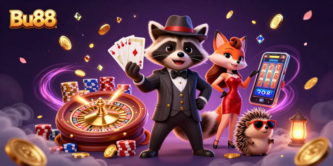 Experience thrilling wins at Bu88 with a raccoon holding a royal flush and a dazzling fox companion.