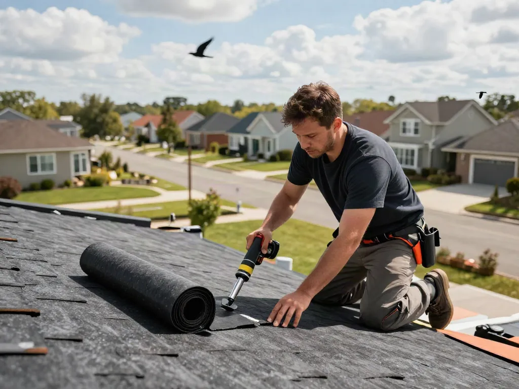 Expert roofer installing a reinforced felt roof on a modern home in a sunny suburban neighborhood, showcasing roofing tools and materials.