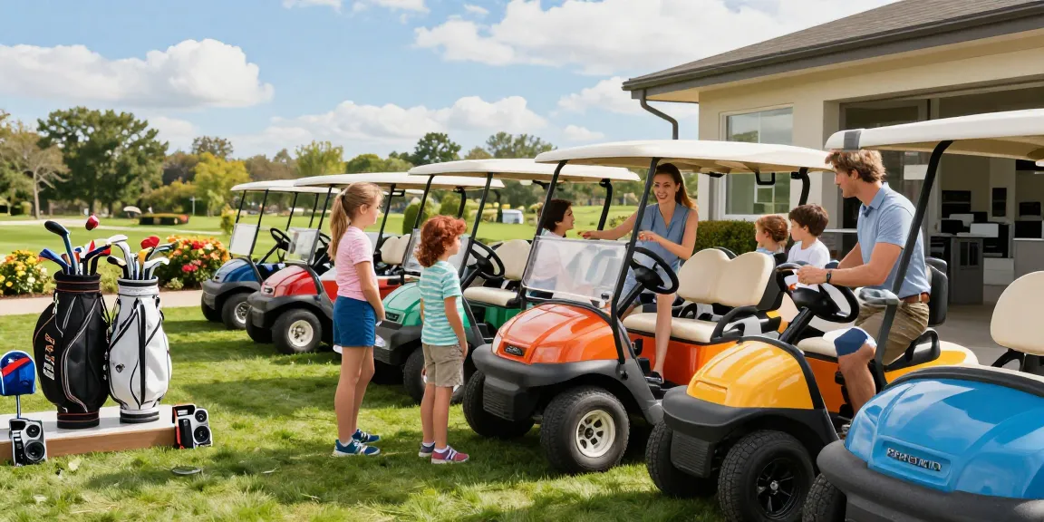Family exploring golf carts at golfcartemporium.com outdoor showroom