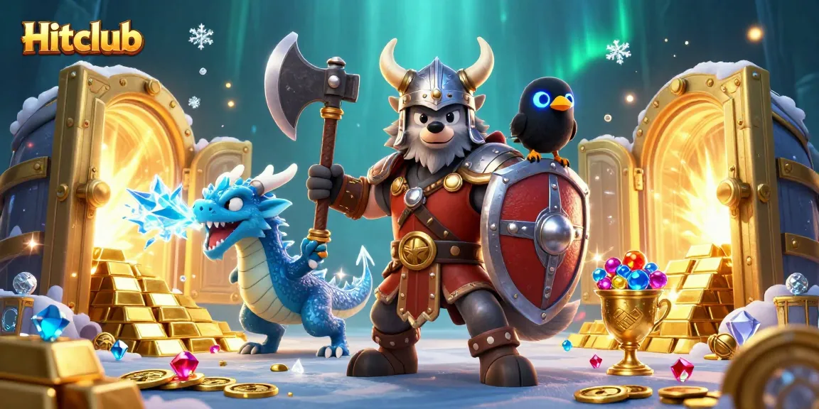 Hitclub showcases an exciting casino adventure with a Viking wolf warrior and dragon, surrounded by treasures and jewels.