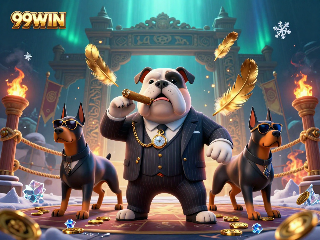 Engage in thrilling gaming action at 99WIN with a bulldog mafia boss and Doberman bodyguards.