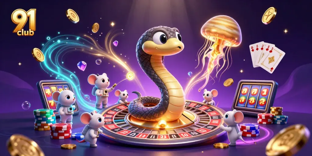 Engage with the thrilling 91 club as cosmic characters spin a roulette wheel and play cards