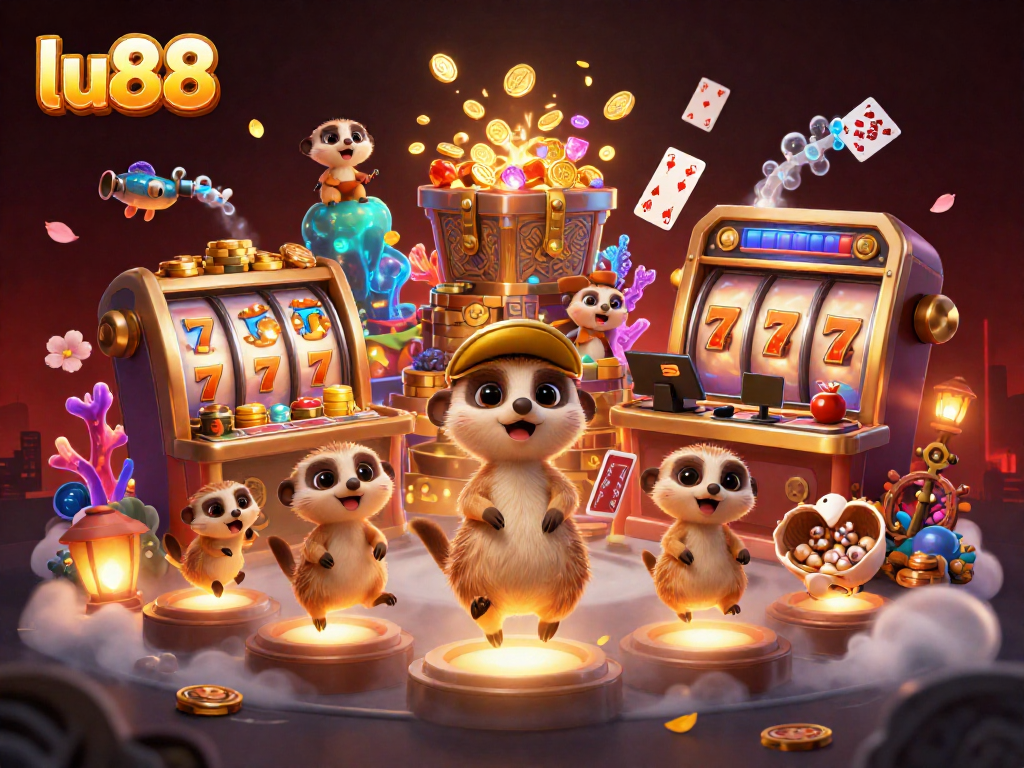 Experience the excitement of LU88 with a lively meerkat casino scene filled with vibrant slot games.