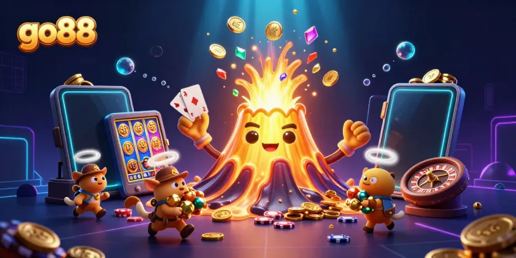 Experience the excitement of go88 with thrilling casino games and treasures erupting from a golden volcano.