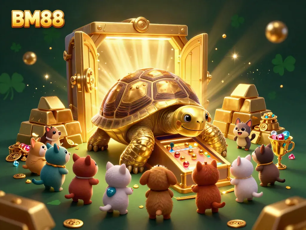 BM88 provides a thrilling gaming experience with a golden tortoise pinball machine surrounded by treasure and excited animals.