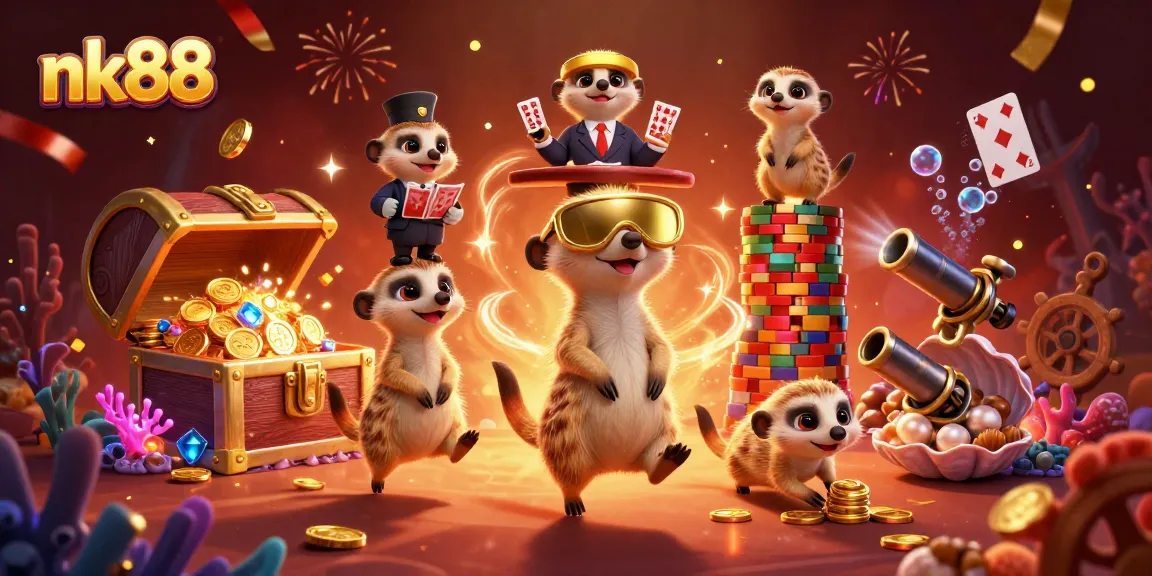 Experience dynamic meerkats running an elaborate nk88 casino operation with gold coins and gems bursting around.