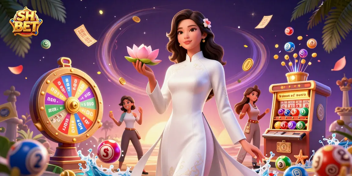 Engage with SH BET's exciting world of gambling featuring a serene Asian woman amid colorful lottery balls and dynamic prizes.