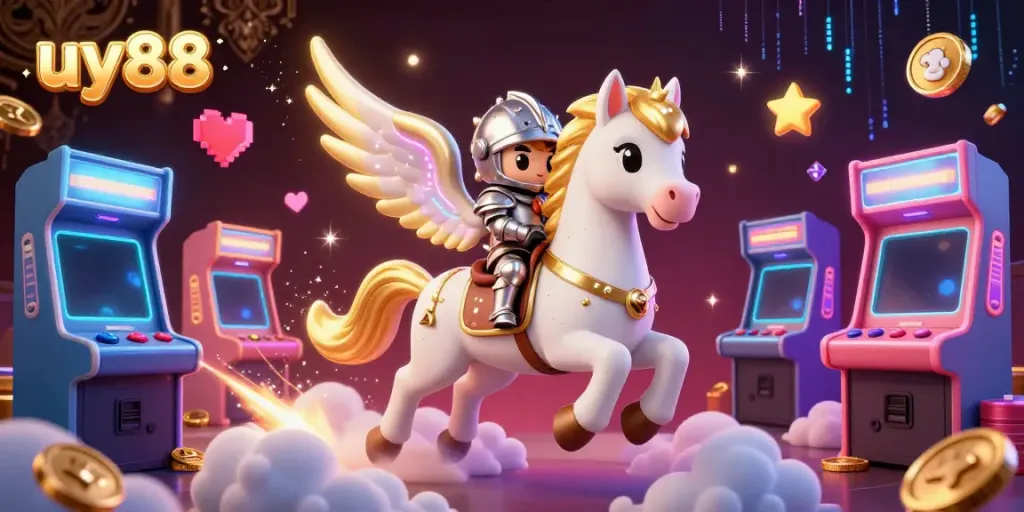 Engage with uy88's thrilling casino experience featuring a celestial horse and knight in a vibrant arcade.