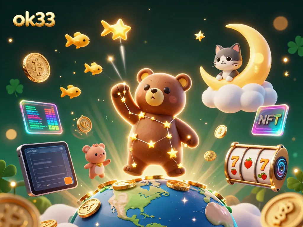 Experience ok33's engaging scene with a constellation bear, Bitcoin coins, and slot reels.