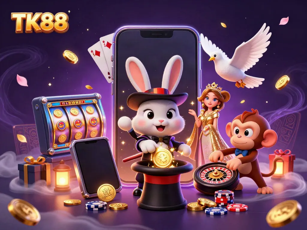 Experience exciting wins with TK88, featuring a magician rabbit and colorful casino elements.