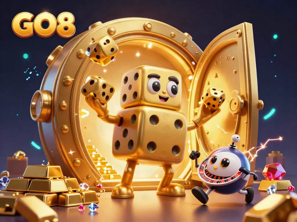 Join the GO8 dice golem and roulette-ball character in this vibrant casino treasure scene bursting with golden elements.