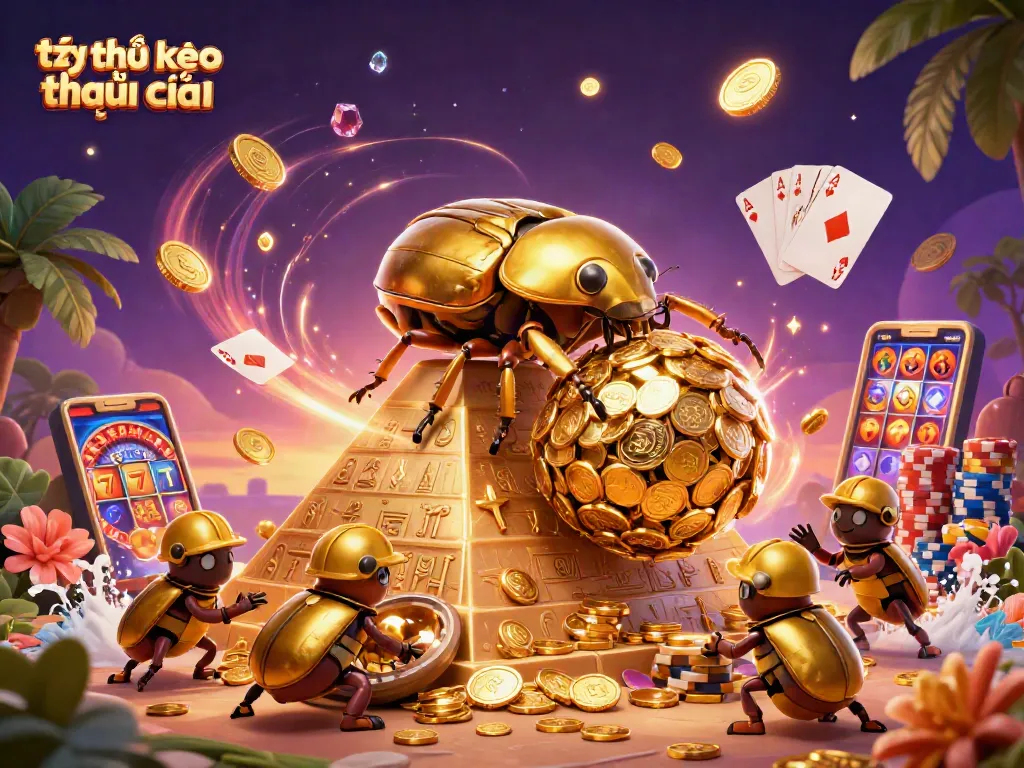 Engage with tỷ lệ kèo nhà cái in a vibrant, casino-themed illustration featuring golden elements and dynamic game visuals.