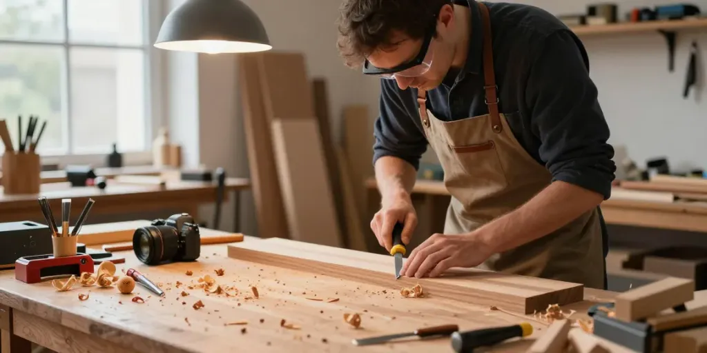 Craftsman skillfully using a festool knife in a well-lit woodworking workshop, surrounded by tools and wood pieces.