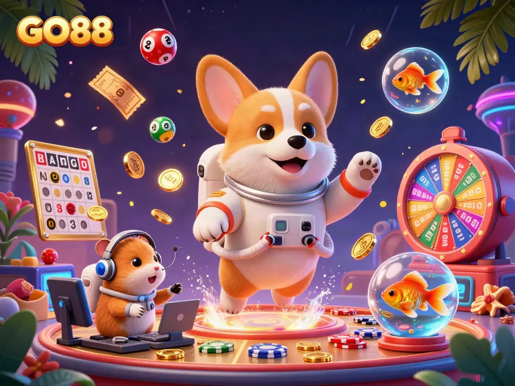 Experience the thrill of GO88 in a dynamic 3D casino scene with colorful lottery balls and golden treasures.