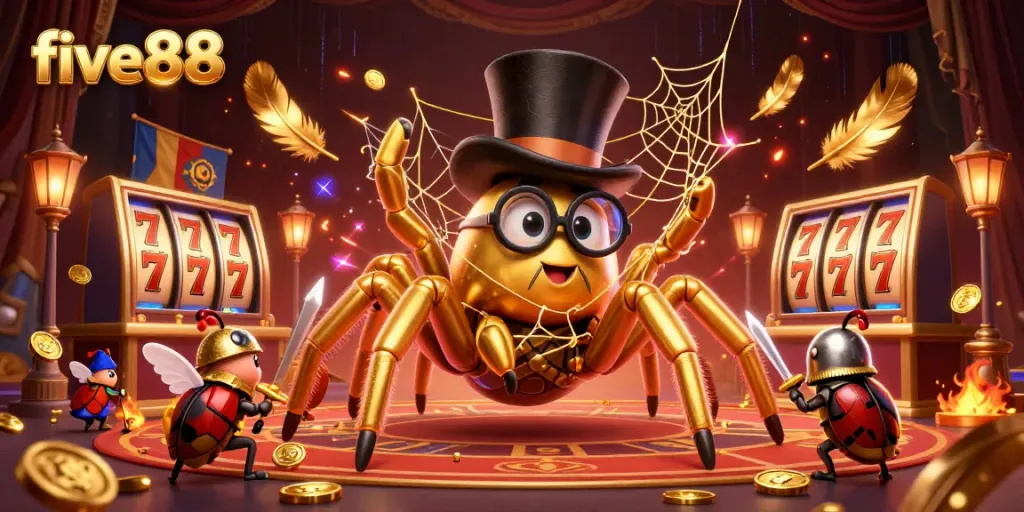 Experience the thrilling five88 slots with a golden tarantula and beetle knight in a vibrant casino scene.