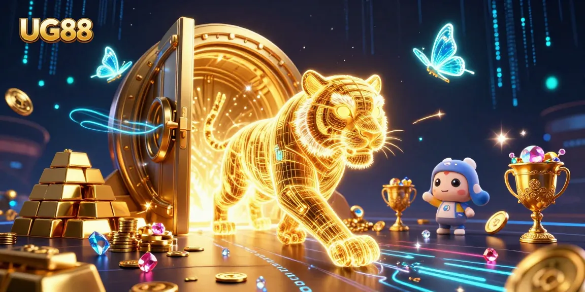 Engage with the thrilling experiences at UG88's digital casino, highlighted by a glowing golden tiger.