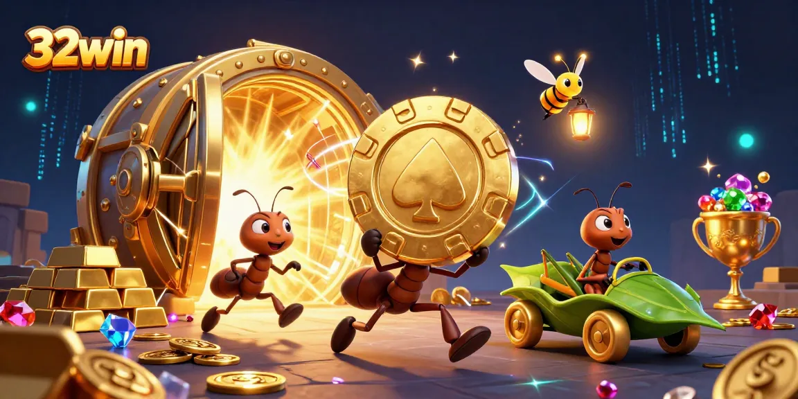 32win's animated ants treasure heist captured in a vibrant 3D casino illustration.