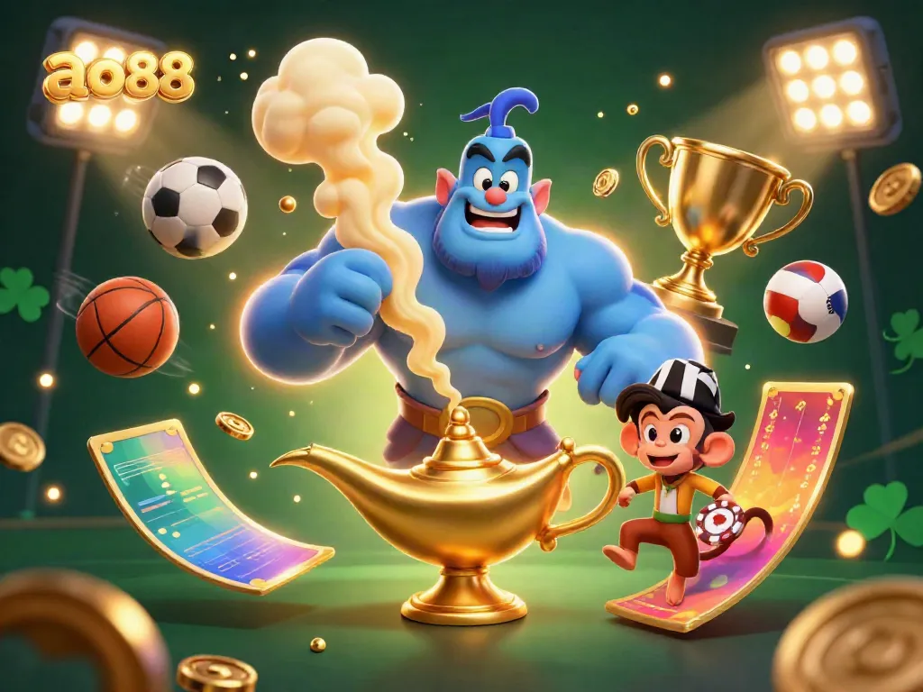 Experience thrilling gaming fun at ao88 with a magical trio of genie, monkey, and poker chips.