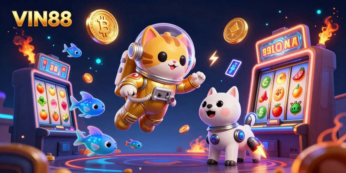 Experience VIN88's thrilling casino adventure with a space cat and robot dog amidst vibrant slot machines.