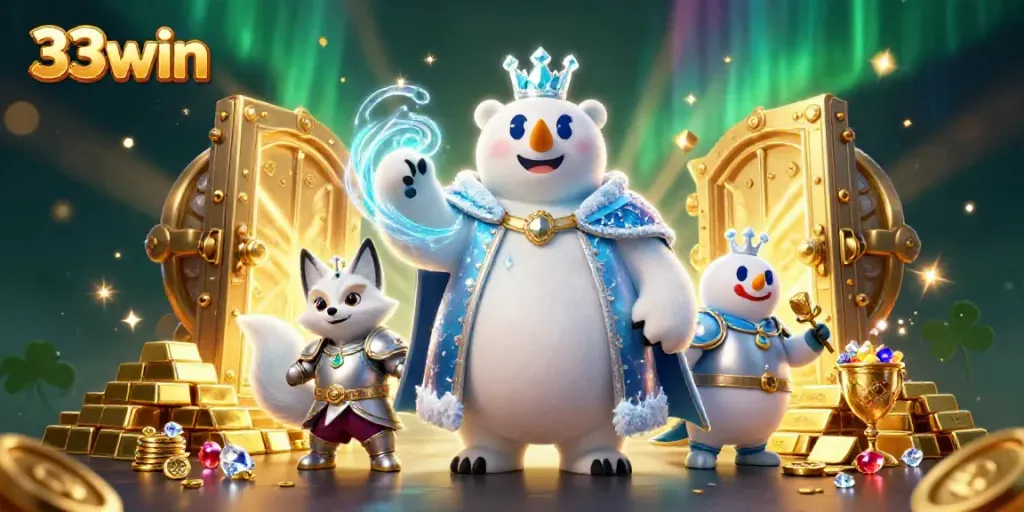 Join the adventure at 33win, where a polar bear king and silver fox explore a treasure-filled casino realm.