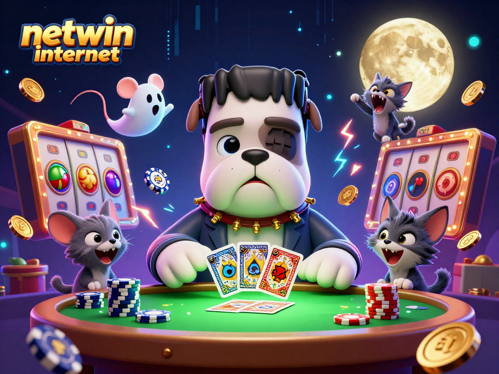 Experience thrilling gaming at netwin internet with colorful casino elements and animated characters.