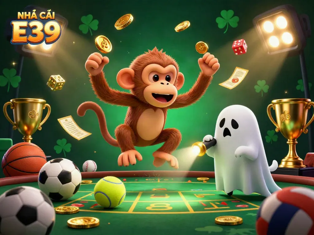 Engage with NHÀ CÁI E39 while exploring a dynamic casino universe, filled with golden cards and coins.