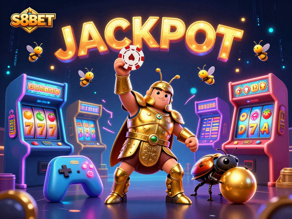 S8BET jackpot celebration with a cartoon beetle duo and vibrant slot elements