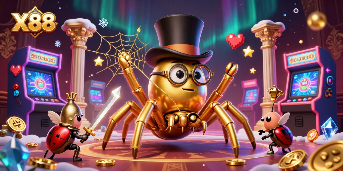 X88 offers a thrilling casino journey with colorful arcade machines and golden spinning reels.