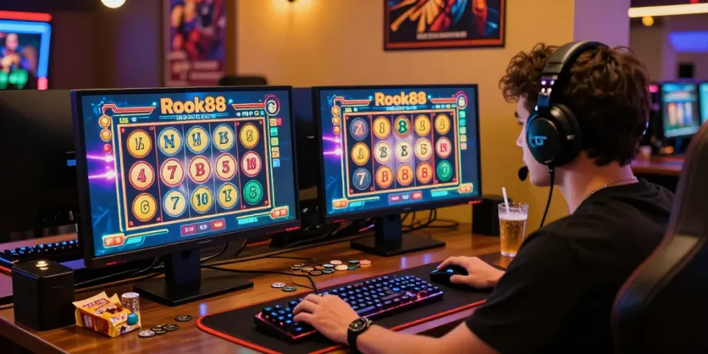 Engaging gaming space featuring rokok88 slot on screen with vibrant graphics and immersive atmosphere.