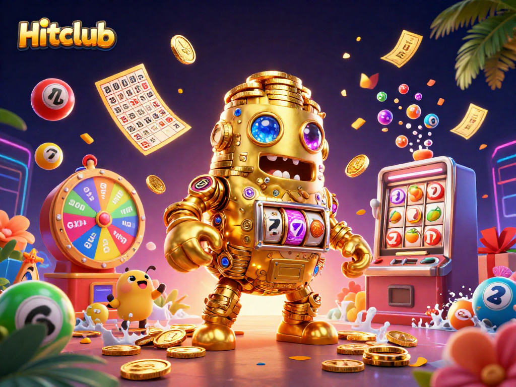 Hitclub golem spins colorful lottery balls in a vibrant casino scene filled with excitement.