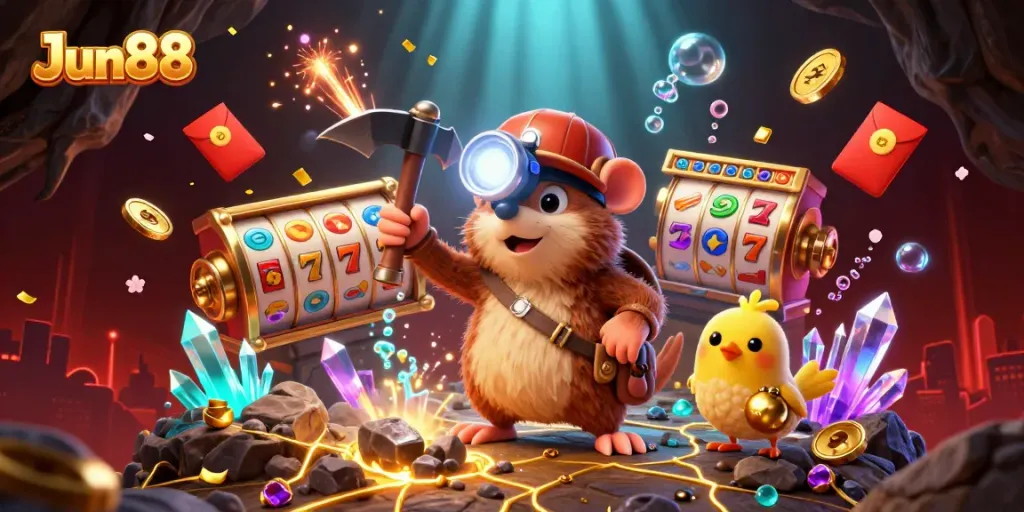 Experience thrilling wins with Jun88, where a treasure hunter uncovers jackpots in a vibrant casino.