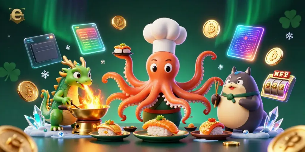 Engage with the vibrant e 39 casino scene showing a sushi chef octopus and dragon, emphasizing crypto elements.