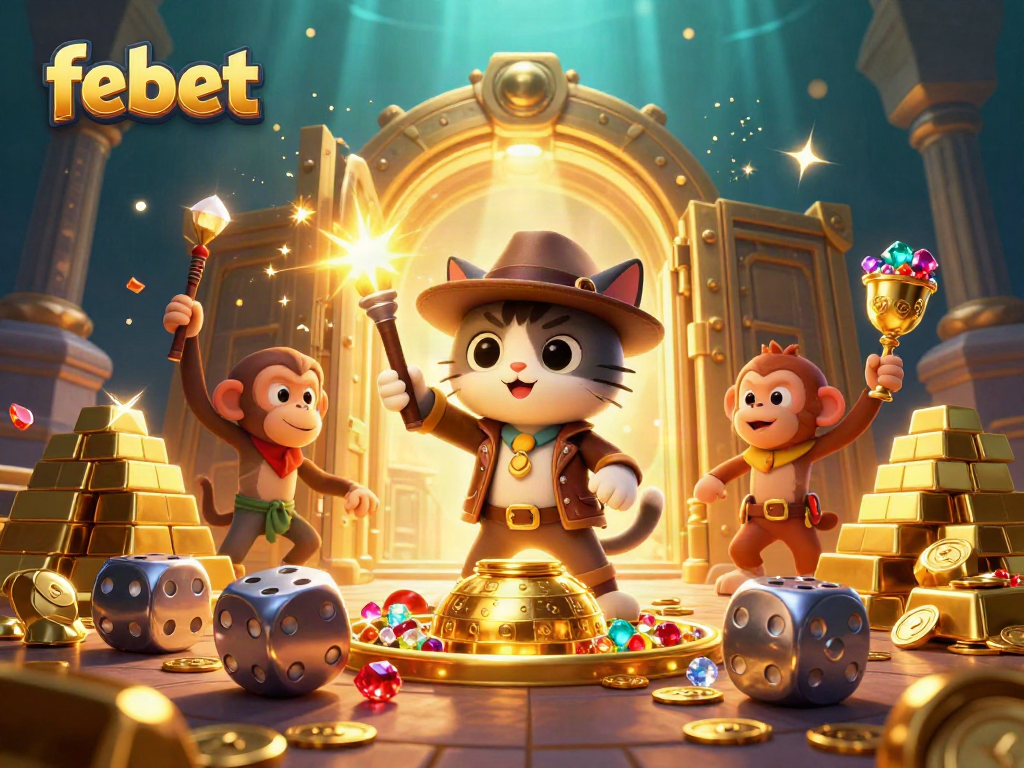 Venture into the world of febet casino, featuring a cat archaeologist and monkey uncovering treasures.