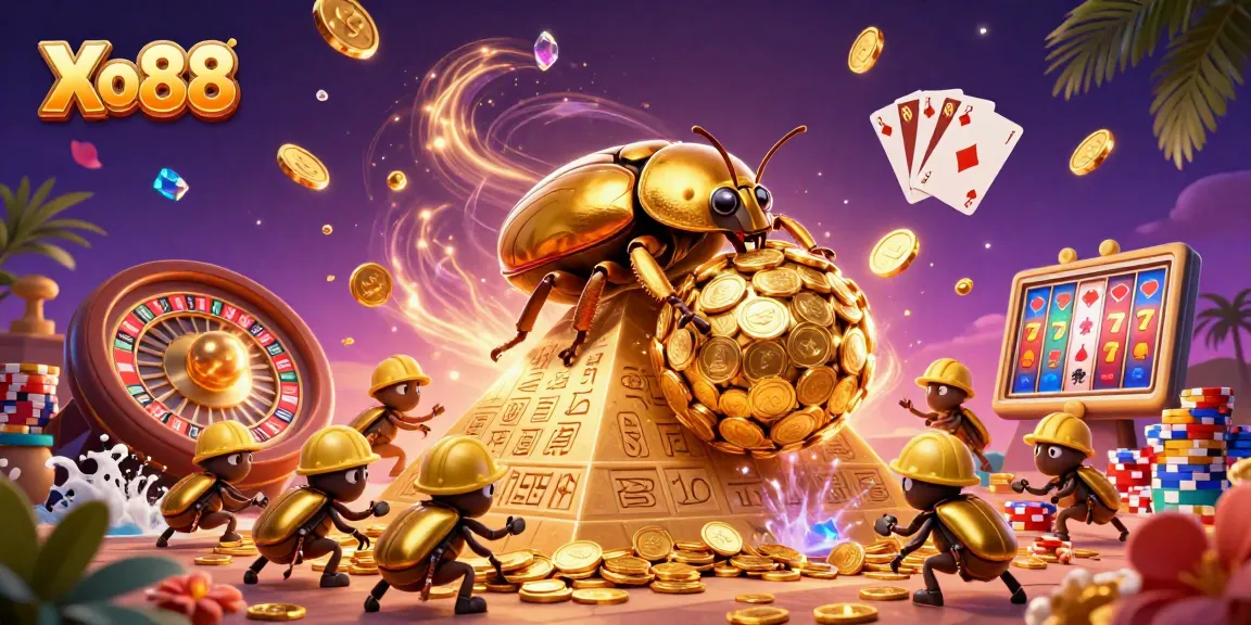 Xo88 offers immersive gaming with golden beetles, coins, and vibrant casino elements.