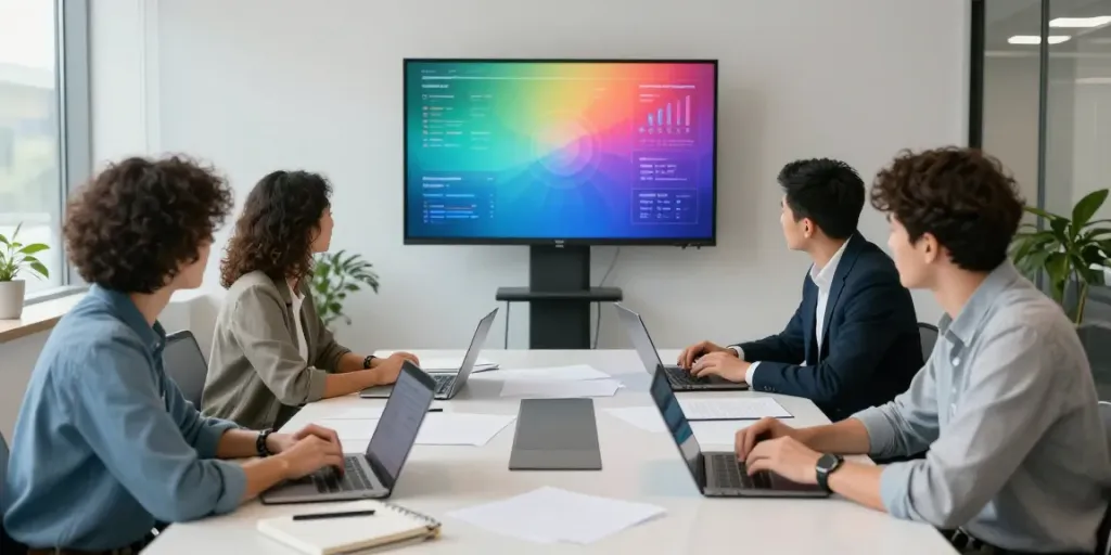 Team strategizing in a modern office, showcasing software sponsored content UK collaboration.