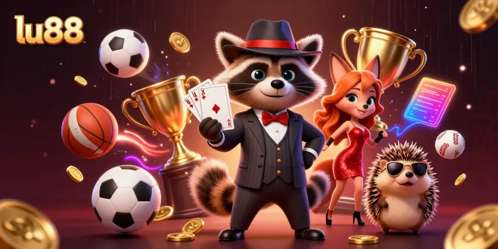 Engaging dynamic scene showcasing LU88 with a suave raccoon, stylish fox lady, and hedgehog bouncer in a vibrant casino atmosphere.