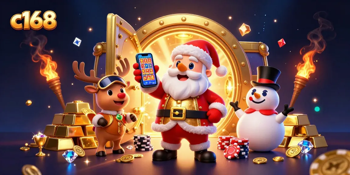 Spin and win big with c168, a vibrant festive casino scene featuring Santa and friends.