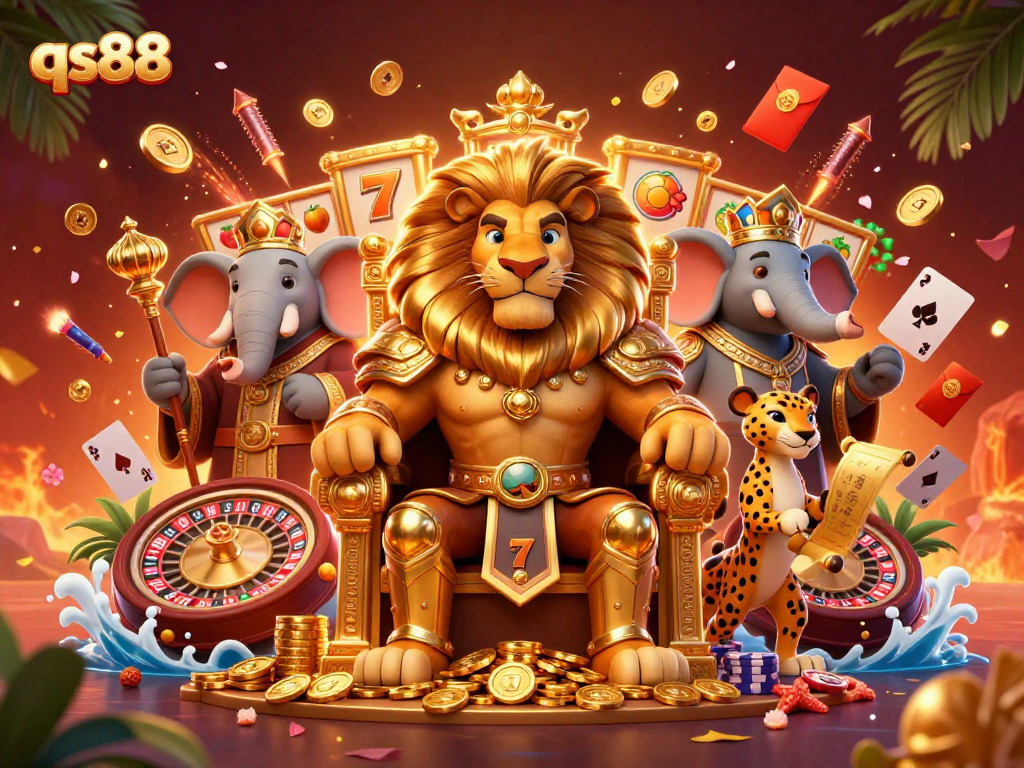 Engage with qs88 in a vibrant animated casino scene featuring a lion king, wise elephant, and swift cheetah.
