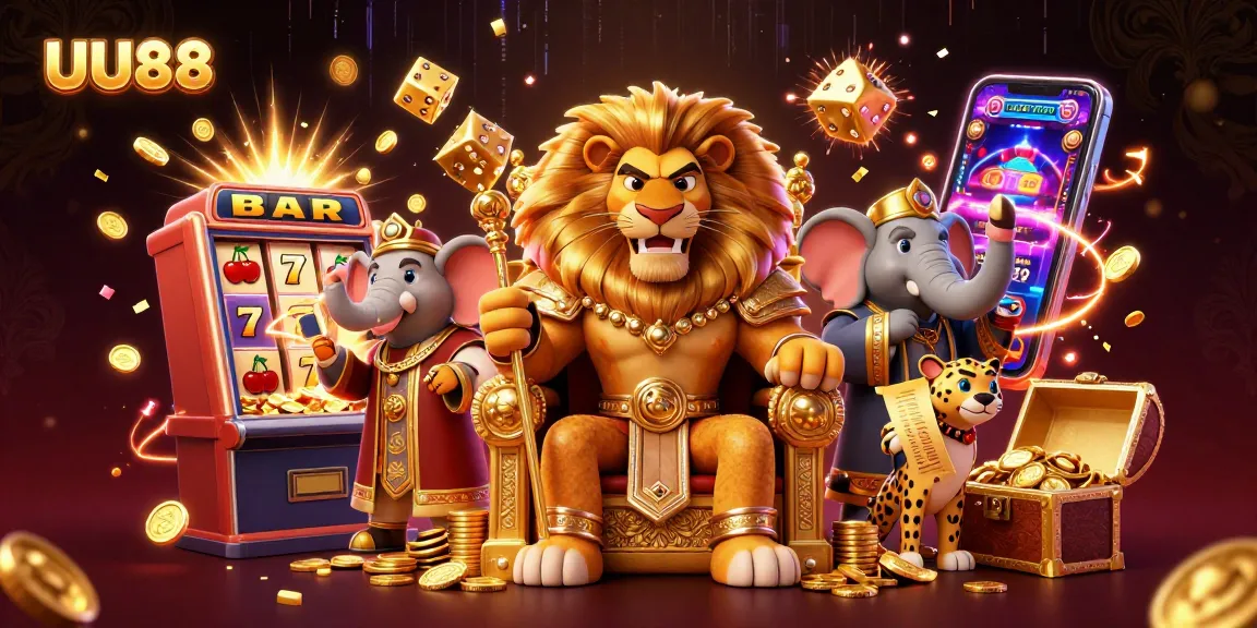 UU88 invites players to enjoy a vibrant jackpot scene with lion king, elephant adviser, and cheetah delivering excitement.