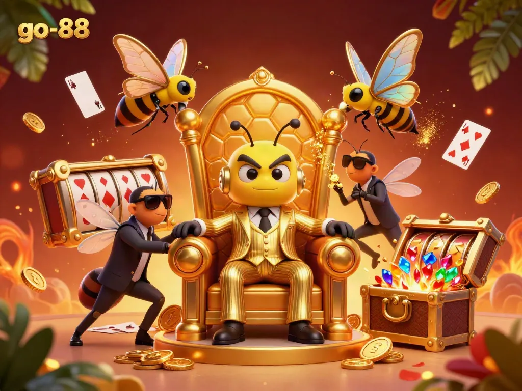 Experience winning with go-88 in a vibrant 3D casino scene featuring a bumblebee mob boss and game elements.