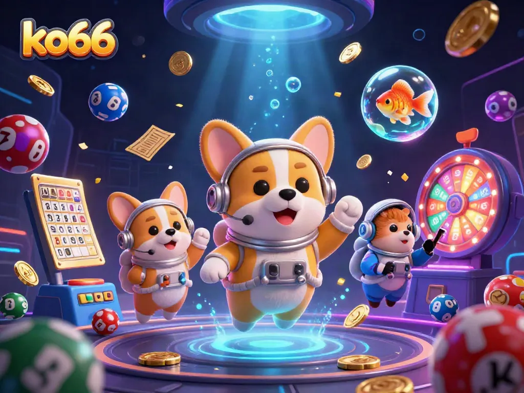 Engage with ko66 in a vibrant 3D casino scene featuring colorful lottery elements and floating characters.