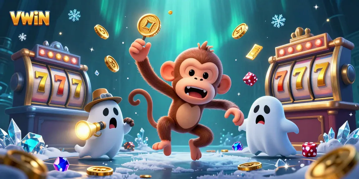 Exciting VWIN gaming scene with a mischievous monkey juggling golden casino elements and a curious puppy.