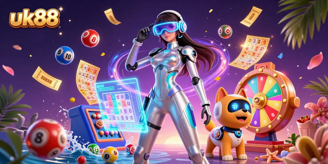 Join the exciting world of uk88 with a vibrant digital casino scene featuring a futuristic woman and her robot dog.
