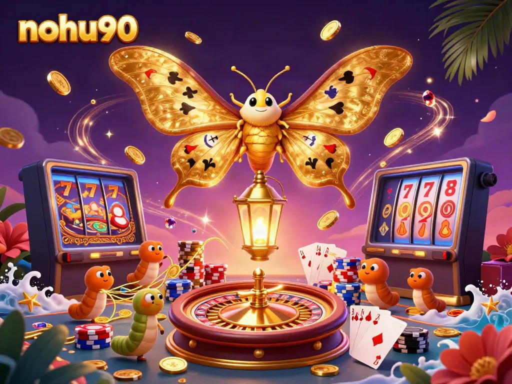Experience the vibrant world of nohu90 with an enchanting casino scene featuring golden moths and treasures.