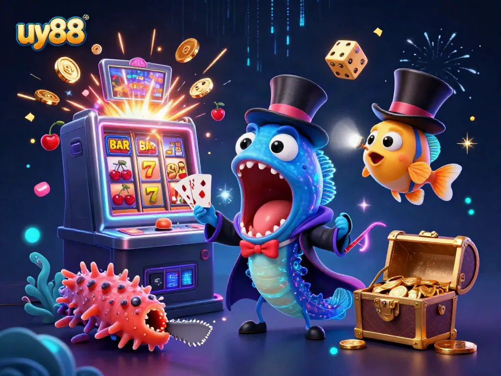 Experience uy88's thrilling magic act with a bioluminescent eel and anglerfish in a vibrant casino.