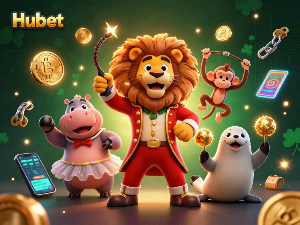 Experience winning vibes playing Hubet with vibrant circus characters and crypto-themed elements.